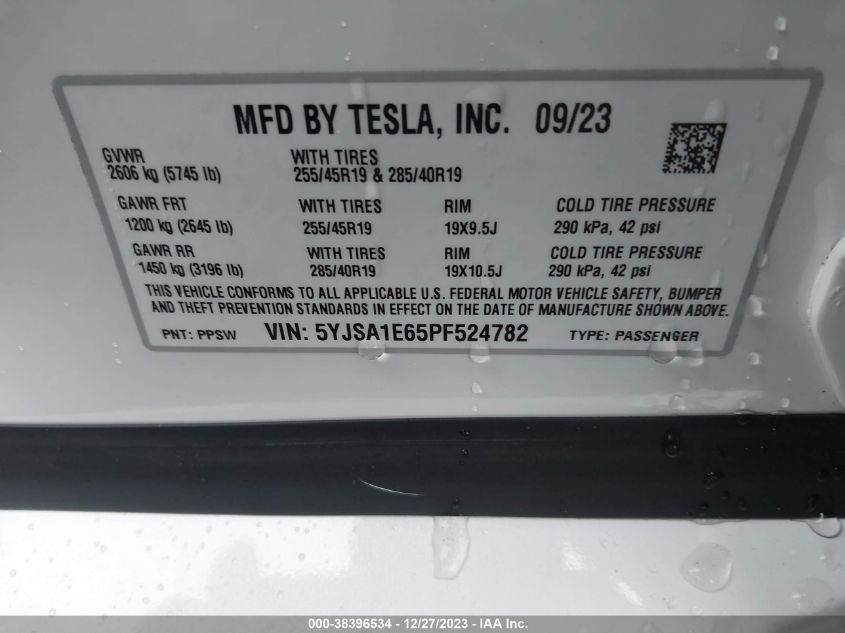 2023 TESLA MODEL S PLAID TRI MOTOR ALL-WHEEL DRIVE - 5YJSA1E65PF524782