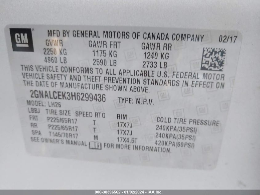 2017 CHEVROLET EQUINOX LT - 2GNALCEK3H6299436