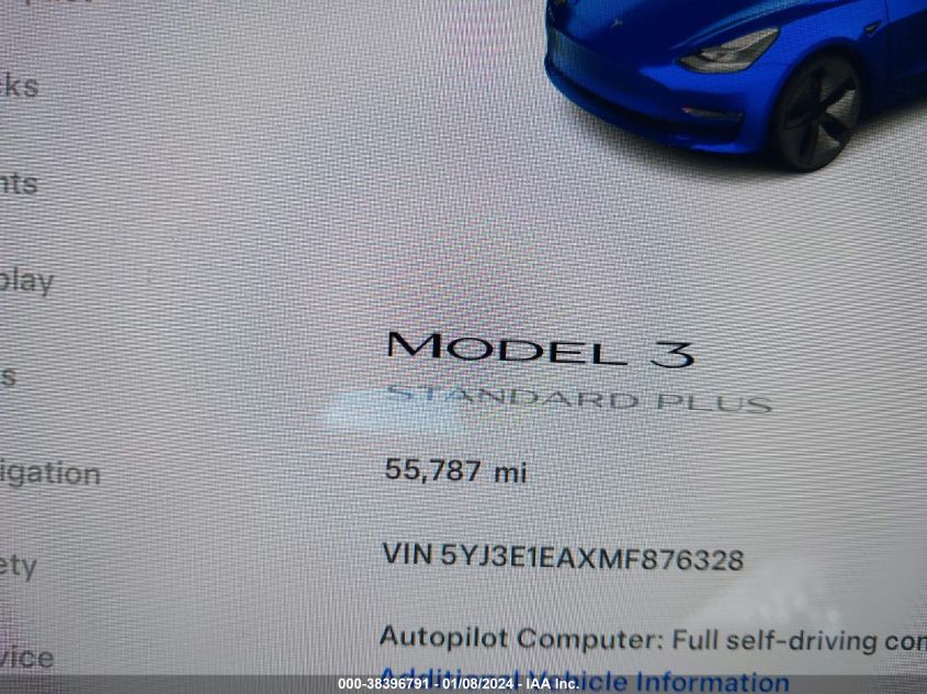 2021 TESLA MODEL 3 STANDARD RANGE PLUS REAR-WHEEL DRIVE - 5YJ3E1EAXMF876328