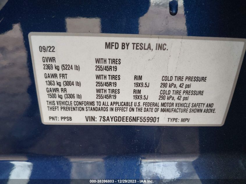 2022 TESLA MODEL Y - 7SAYGDEE6NF559901