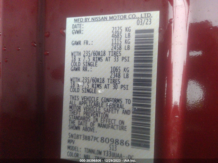 VIN 5N1BT3BB7PC809886 2023 NISSAN ROGUE SV INTELLIGENT AWD