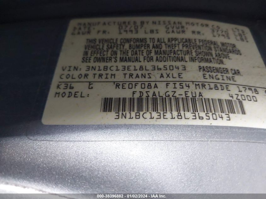 3N1BC13E18L365043 | 2008 NISSAN VERSA