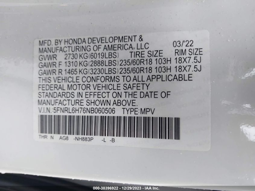 2022 HONDA ODYSSEY EX-L - 5FNRL6H76NB060506