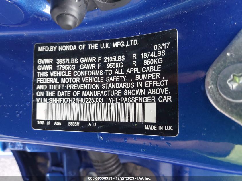 2017 HONDA CIVIC - 16VVINSHHFK7H21HU