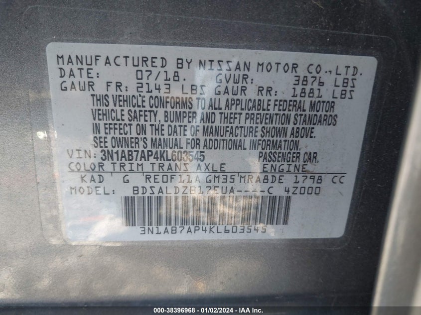 VIN 3N1AB7AP4KL603545 2019 NISSAN SENTRA S/SV/SR/SL