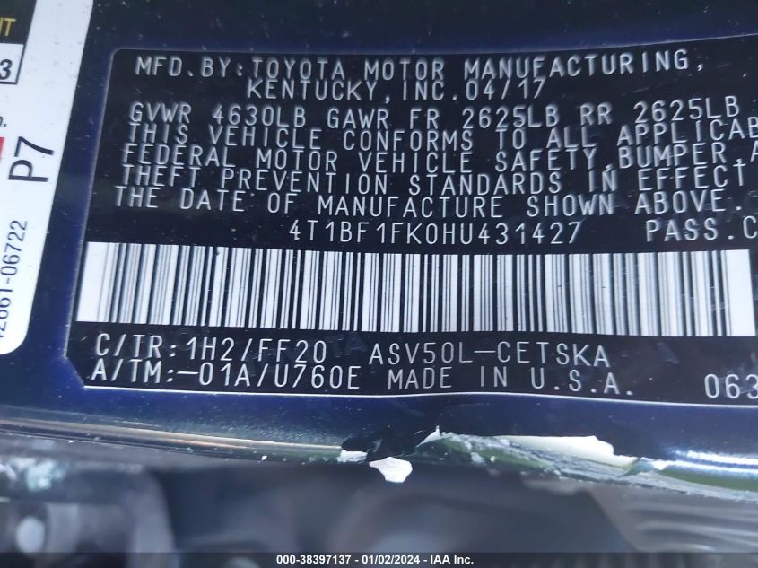 2017 TOYOTA CAMRY LE/XLE/SE/XSE - 4T1BF1FK0HU431427