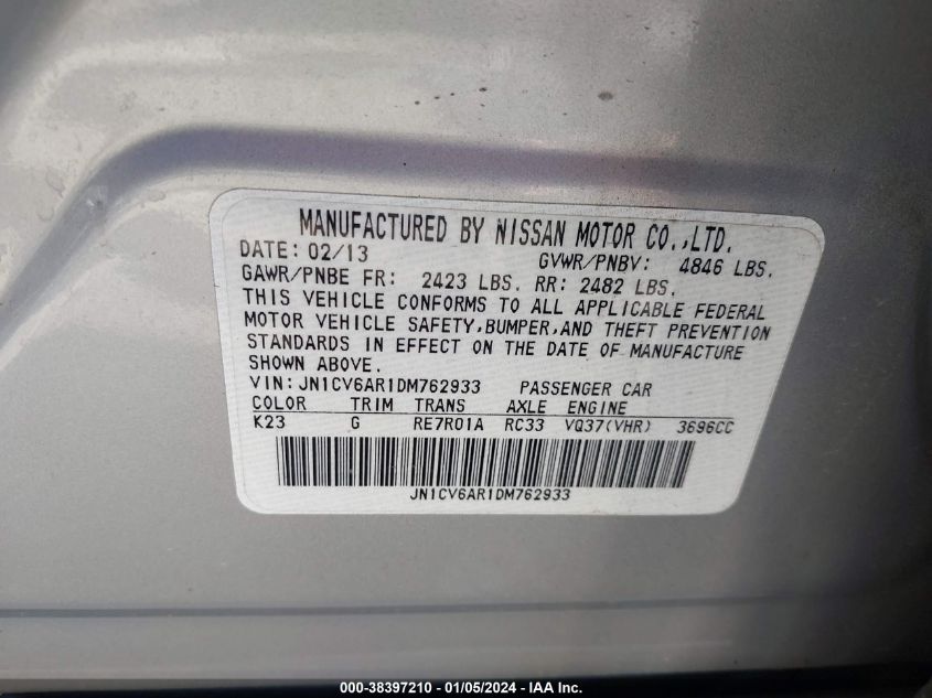 2013 INFINITI G37X JN1CV6AR1DM762933