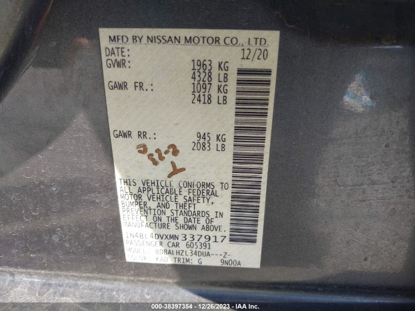 2021 NISSAN ALTIMA SV FWD - 1N4BL4DVXMN337917