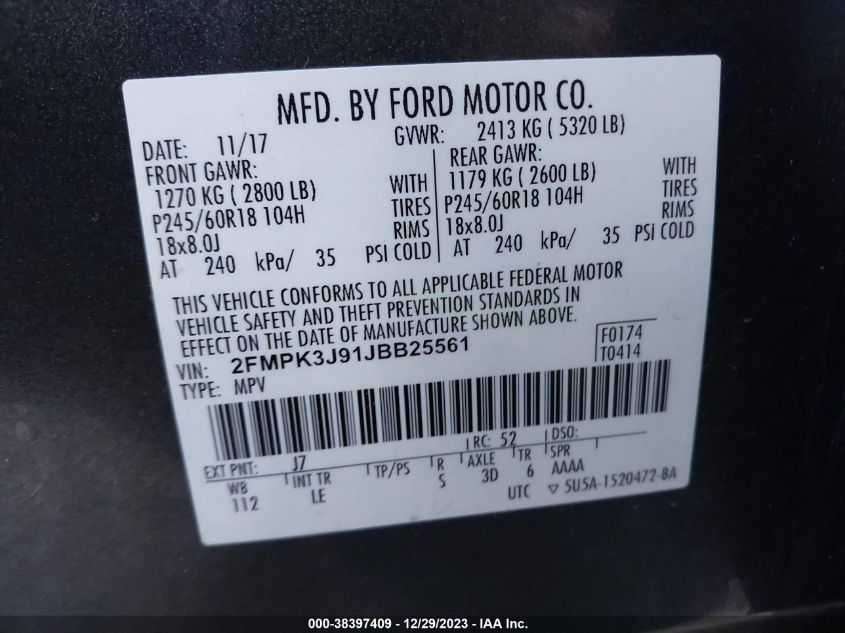 2018 FORD EDGE SEL - 2FMPK3J91JBB25561