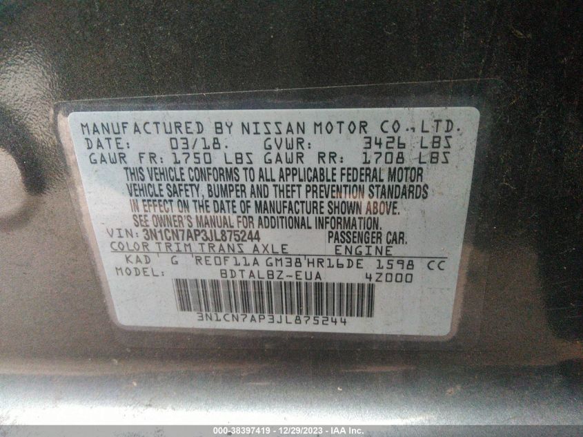 2018 NISSAN VERSA 1.6 SV - 3N1CN7AP3JL875244