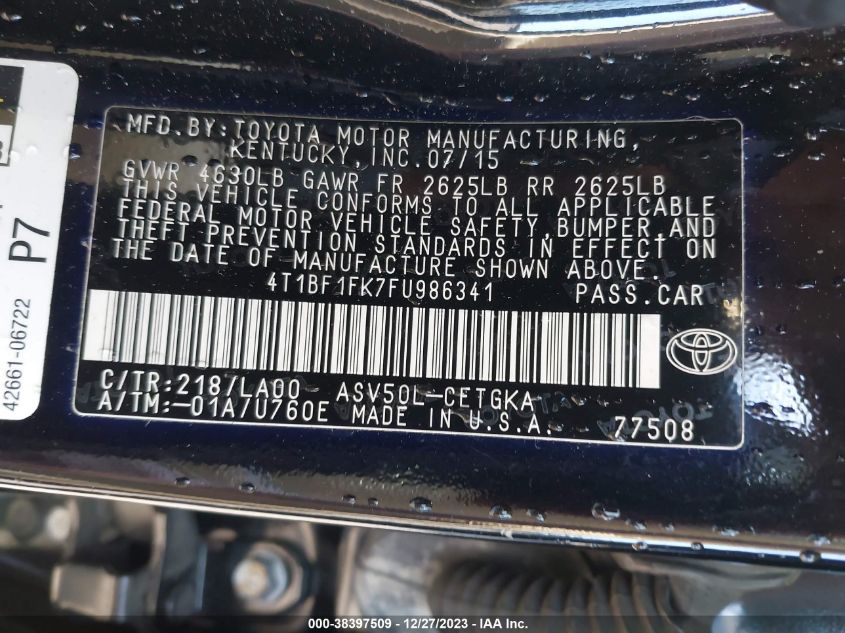 2015 TOYOTA CAMRY LE/XLE/SE/XSE - 4T1BF1FK7FU986341