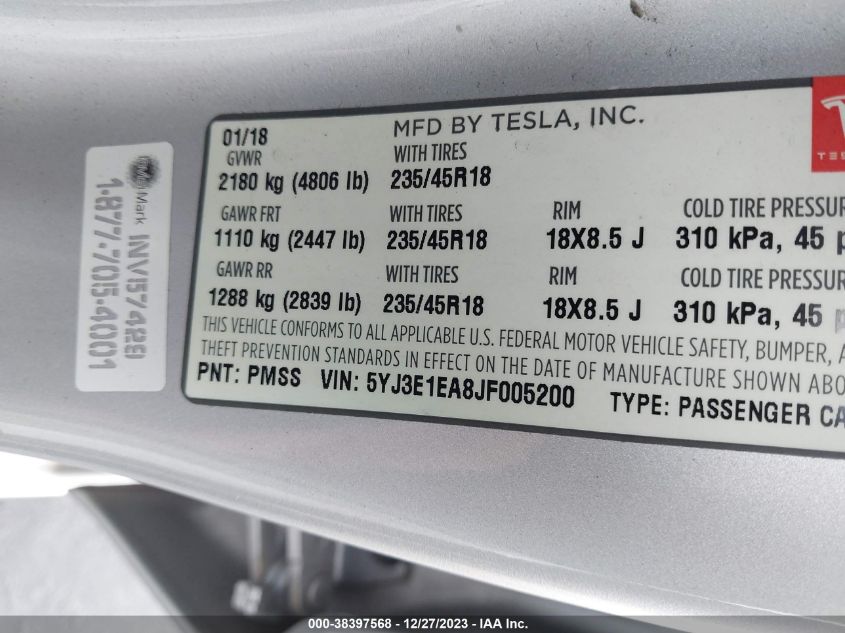 2018 TESLA MODEL 3 LONG RANGE/MID RANGE - 5YJ3E1EA8JF005200