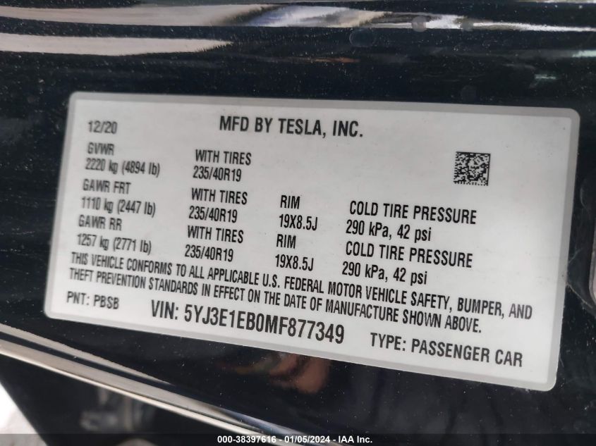 2021 TESLA MODEL 3 - 5YJ3E1EB0MF877349