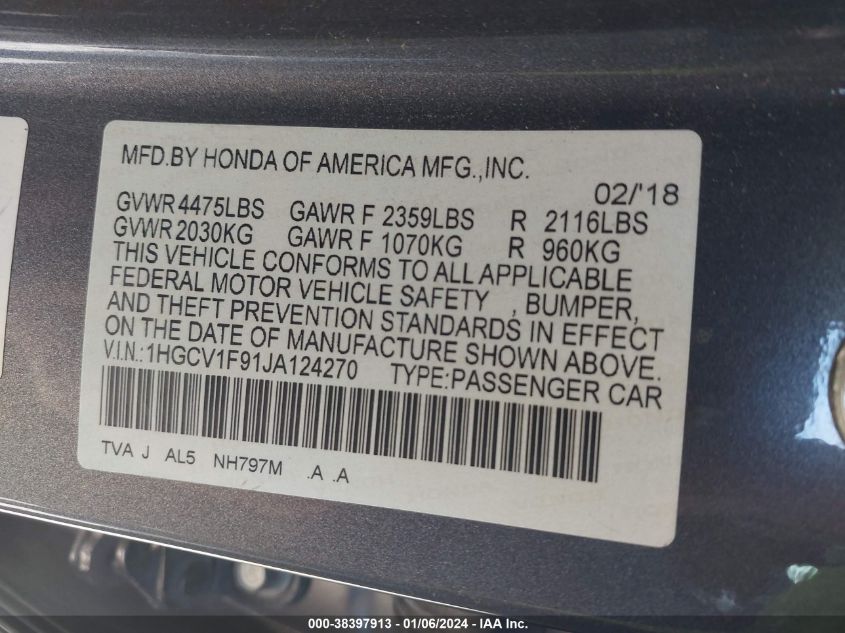 2018 HONDA ACCORD TOURING - 1HGCV1F91JA124270