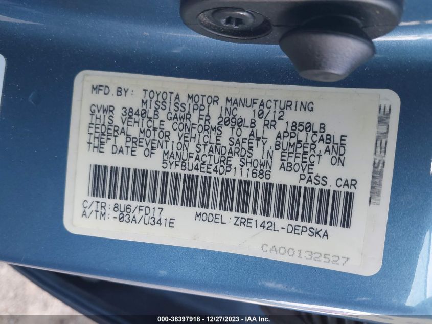 2013 TOYOTA COROLLA S/LE - 5YFBU4EE4DP111686