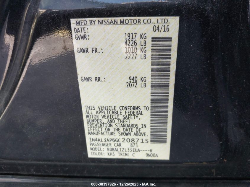2016 NISSAN ALTIMA 2.5 SV - 1N4AL3AP6GC208715