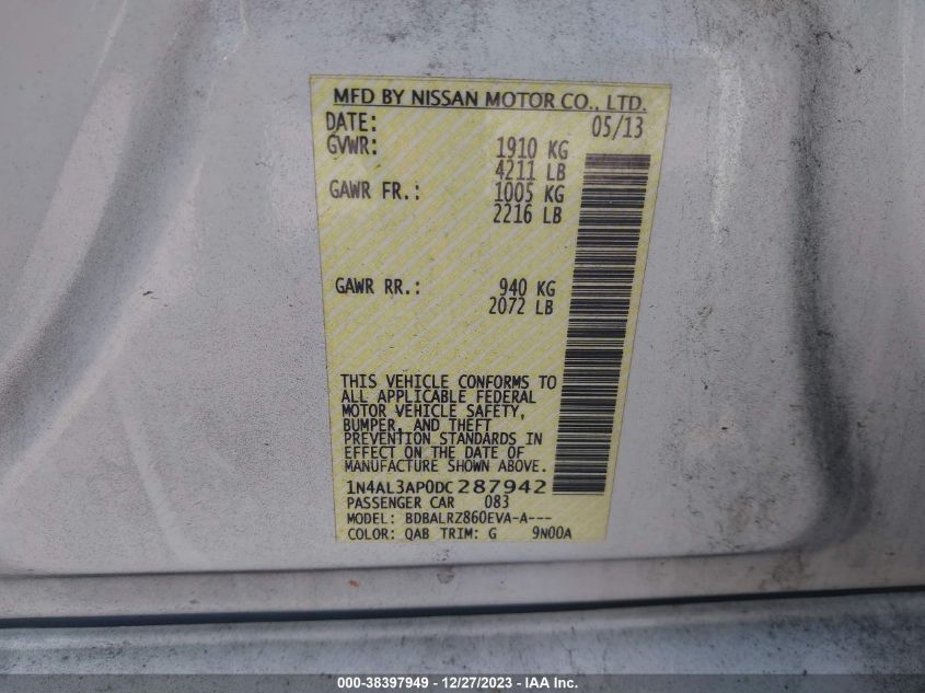 2013 NISSAN ALTIMA 2.5/S/SV/SL - 1N4AL3AP0DC287942