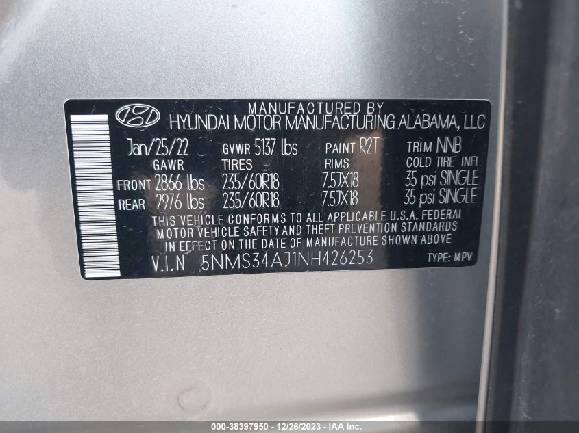2022 HYUNDAI SANTA FE SEL - 5NMS34AJ1NH426253