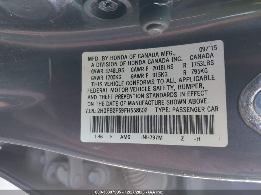 2015 HONDA CIVIC LX - 2HGFB2F59FH558602
