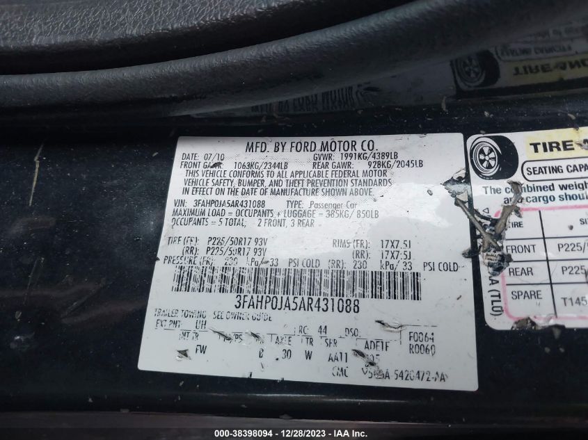 3FAHP0JA5AR431088 | 2010 FORD FUSION