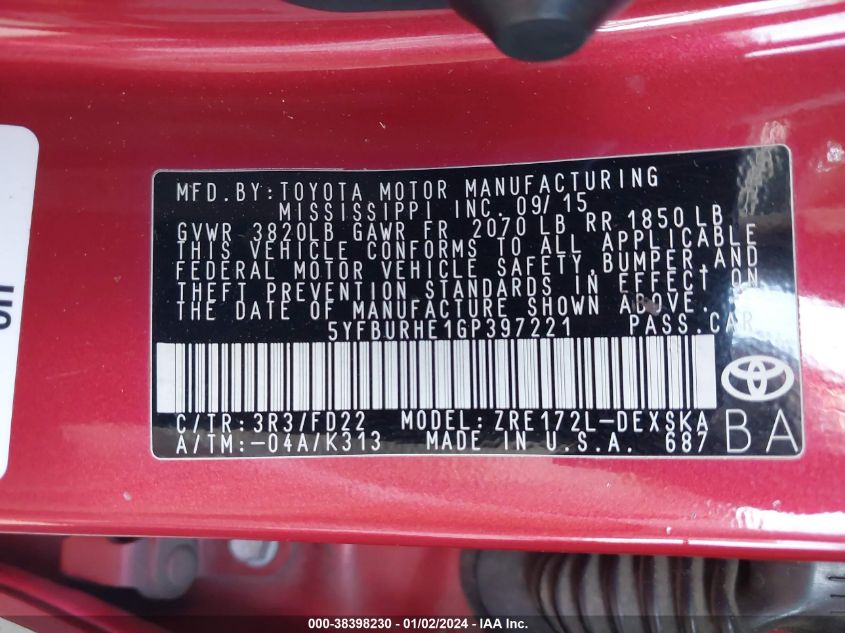 2016 TOYOTA COROLLA S PLUS - 5YFBURHE1GP397221