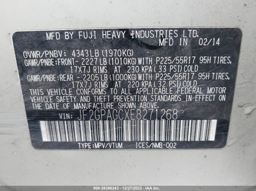 2014 SUBARU XV CROSSTREK 2.0I LIMITED - JF2GPAGCXE8271268