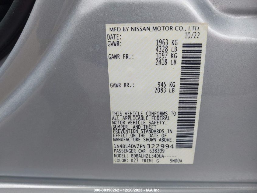2023 NISSAN ALTIMA SV FWD - 1N4BL4DV2PN322994