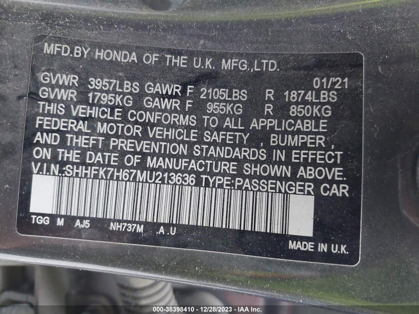 VIN SHHFK7H67MU213636 2021 HONDA CIVIC EX