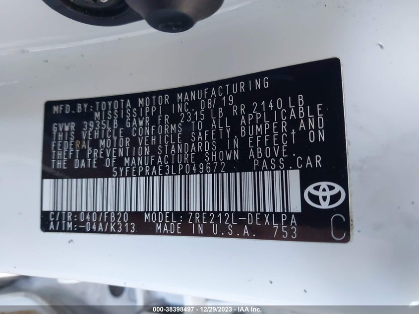 VIN 5YFEPRAE3LP049672 2020 TOYOTA COROLLA LE