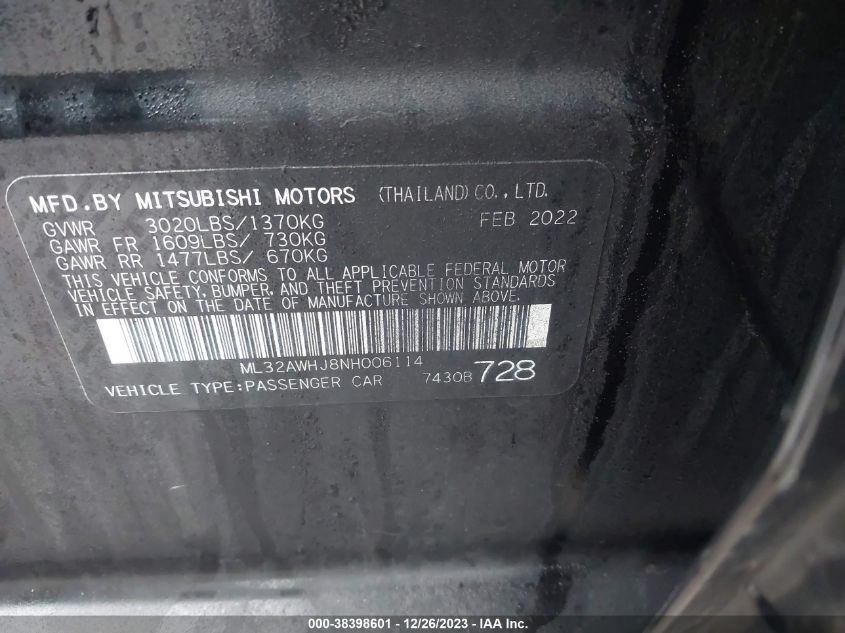 2022 MITSUBISHI MIRAGE SE - ML32AWHJ8NH006114