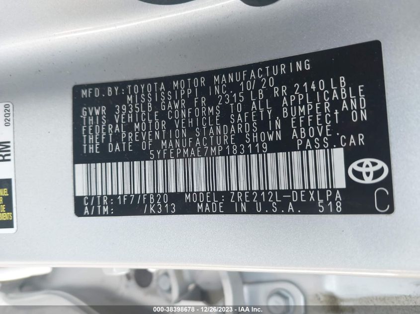2021 TOYOTA COROLLA LE - 5YFEPMAE7MP183119