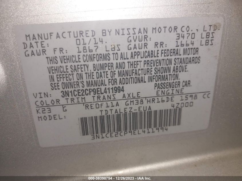 2014 NISSAN VERSA NOTE SV - 3N1CE2CP9EL411994