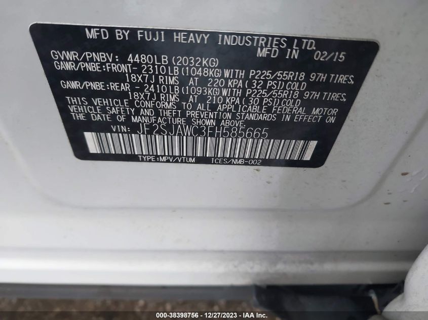 2015 SUBARU FORESTER 2.5I TOURING - JF2SJAWC3FH585665