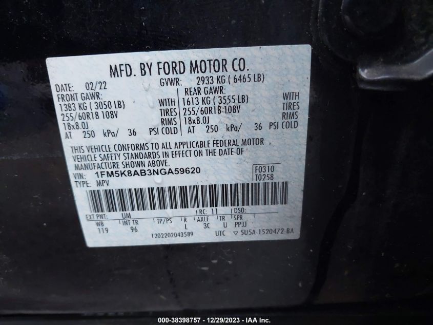 2022 FORD POLICE INTERCEPTOR UTILITY 1FM5K8AB3NGA59620