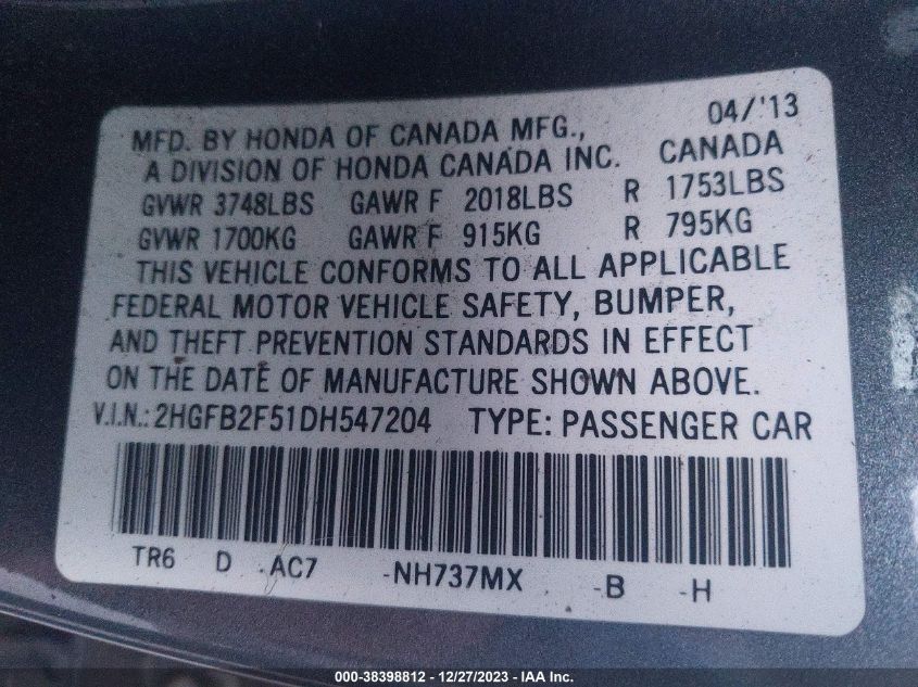 2013 HONDA CIVIC LX - 2HGFB2F51DH547204