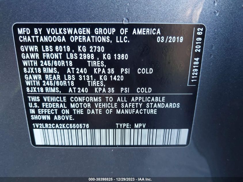 2019 VOLKSWAGEN ATLAS SE - 1V2LR2CA2KC550576