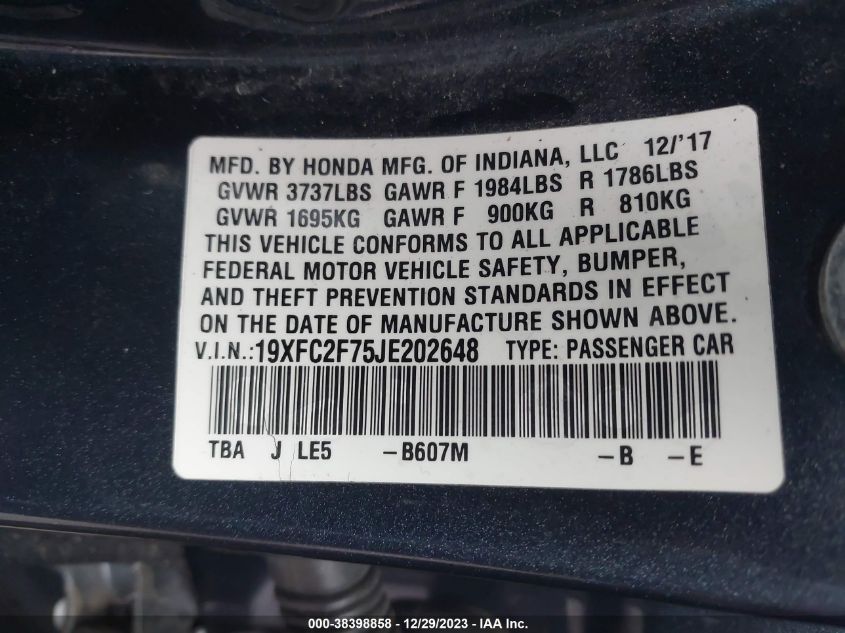 2018 HONDA CIVIC EX - 19XFC2F75JE202648