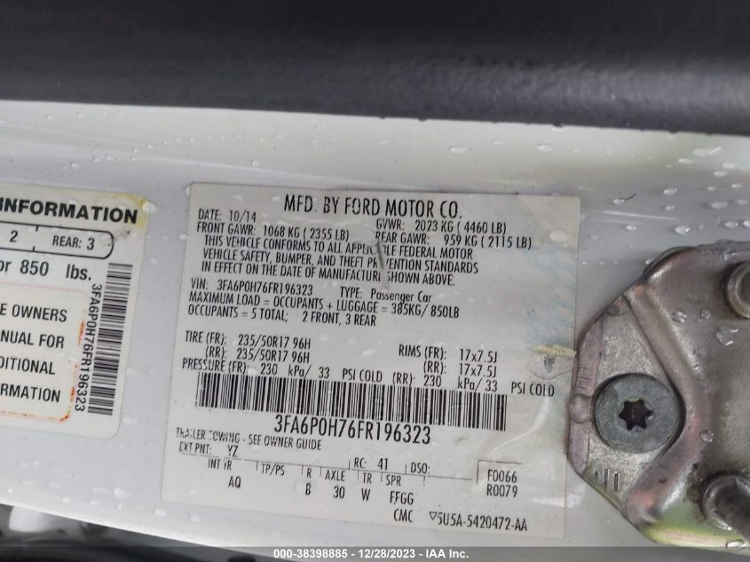 2015 FORD FUSION SE - 3FA6P0H76FR196323
