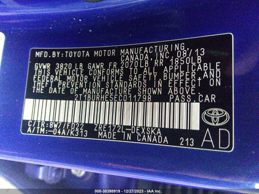 2014 TOYOTA COROLLA S PLUS - 2T1BURHE5EC011798