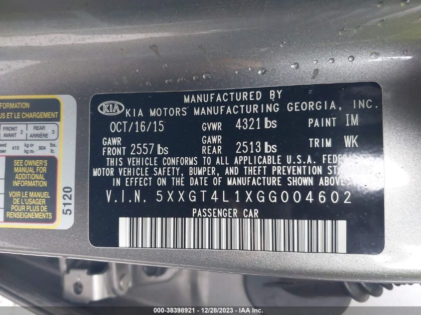 2016 KIA OPTIMA LX TURBO - 5XXGT4L1XGG004602
