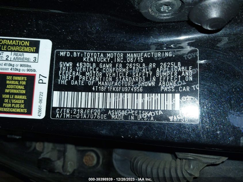 2015 TOYOTA CAMRY SE - 4T1BF1FK6FU974956