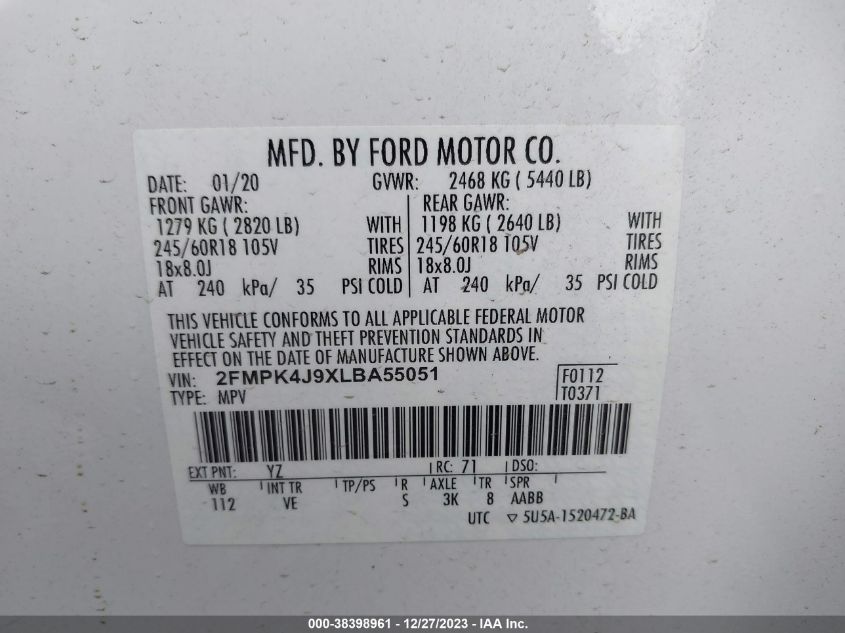 2FMPK4J9XLBA55051 2020 FORD EDGE, photo no. 9