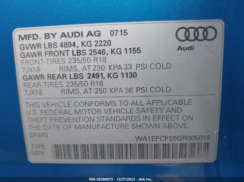 2016 AUDI Q3 2.0T PREMIUM PLUS - WA1EFCFS5GR005015