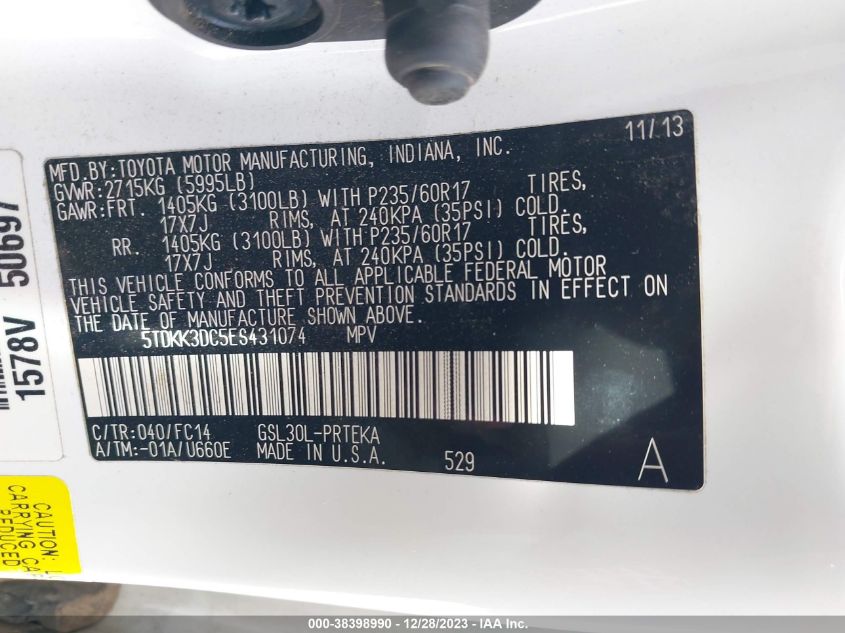 2014 TOYOTA SIENNA LE V6 8 PASSENGER - 5TDKK3DC5ES431074