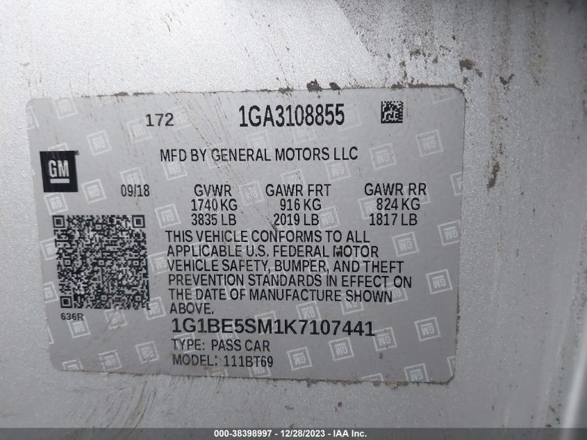 2019 CHEVROLET CRUZE LT - 1G1BE5SM1K7107441