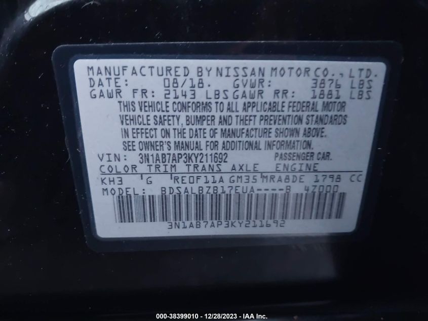 3N1AB7AP3KY211692 | 2019 NISSAN SENTRA