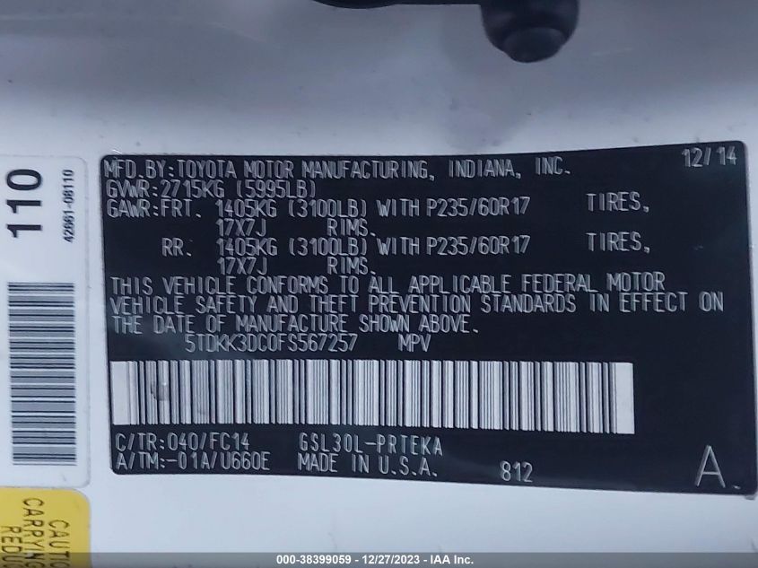 2015 TOYOTA SIENNA LE 8 PASSENGER - 5TDKK3DC0FS567257