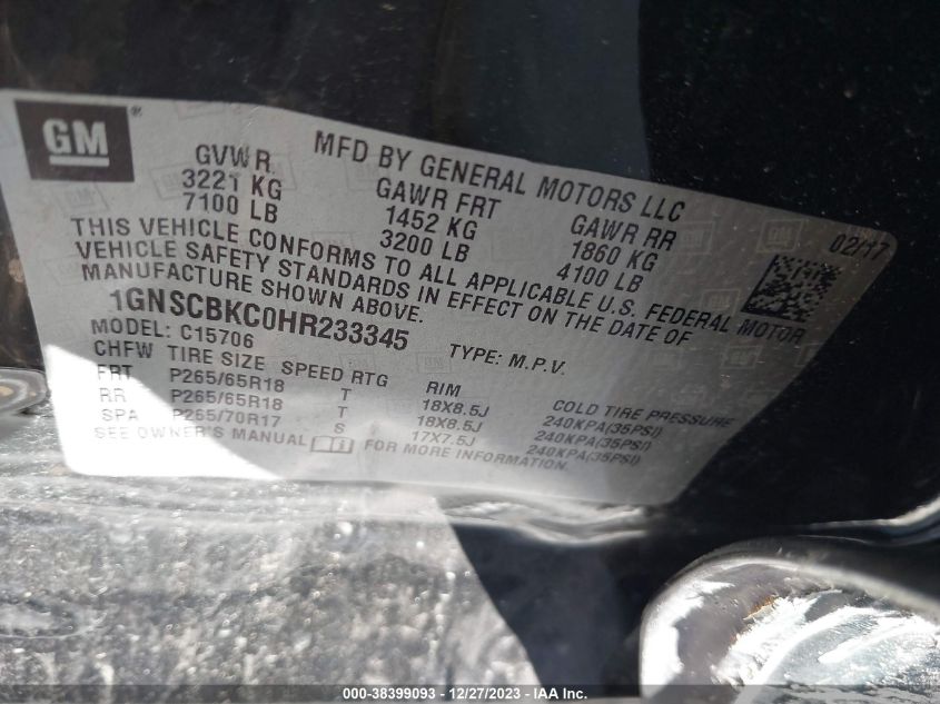 2017 CHEVROLET TAHOE C1500 LT - 1GNSCBKC0HR233345