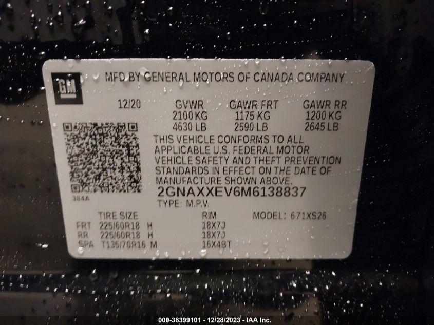 2021 CHEVROLET EQUINOX PREMIER - 2GNAXXEV6M6138837