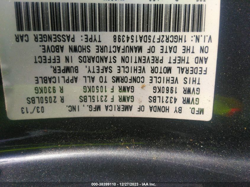 2013 HONDA ACCORD EX - 1HGCR2F75DA154398